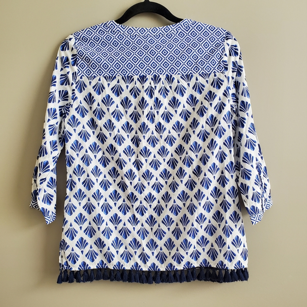 Talbots NWT Tassel Fringe Printed Boho Seashell Tunic in Blue and White Size XS - Picture 3 of 8